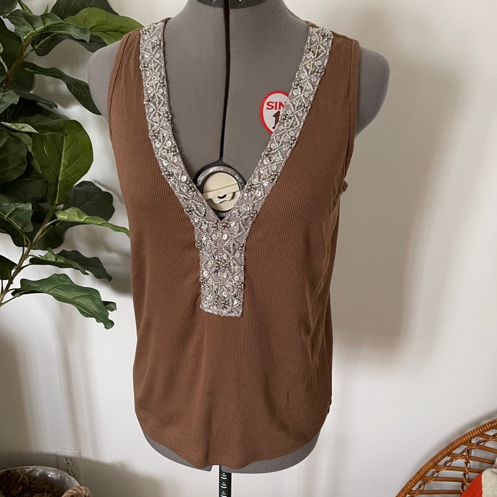 Express Brown Bead Embellished Tank Top